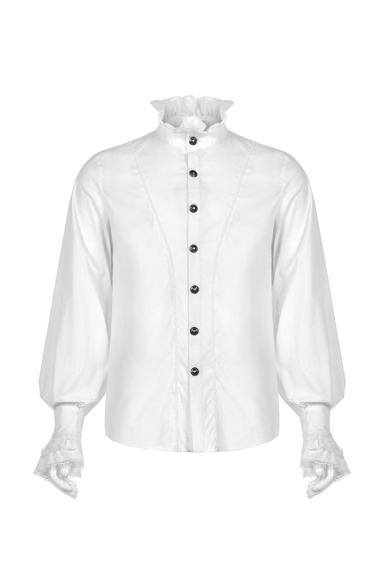 White Stand Collar Lantern Sleeves Slim Men's Gothic Blouse