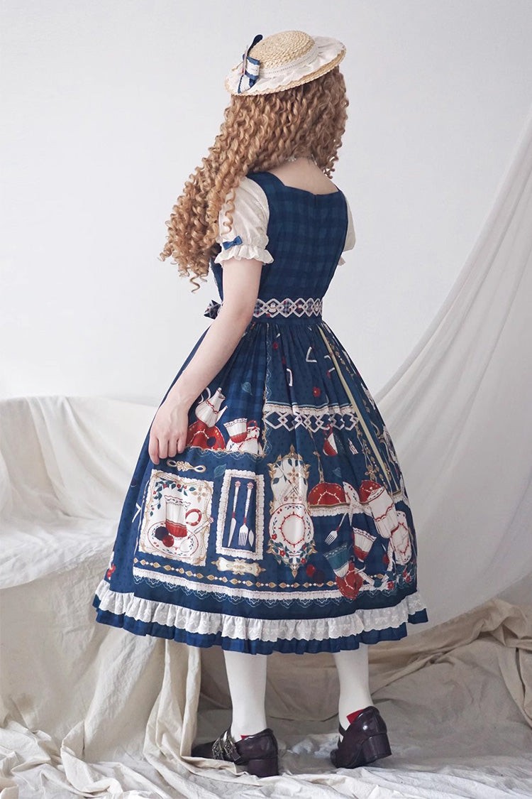 Dark Blue [Tea Party] Short Sleeves Print Ruffle Bowknot Lace Sweet Elegant Lolita Dress