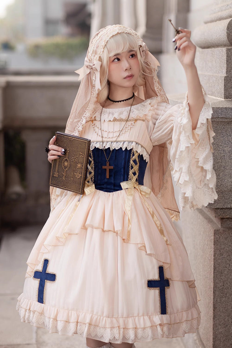 Apricot Eternal Life Song Print Cross Embroidery Sleeveless Ruffle Sweet Lolita Dress