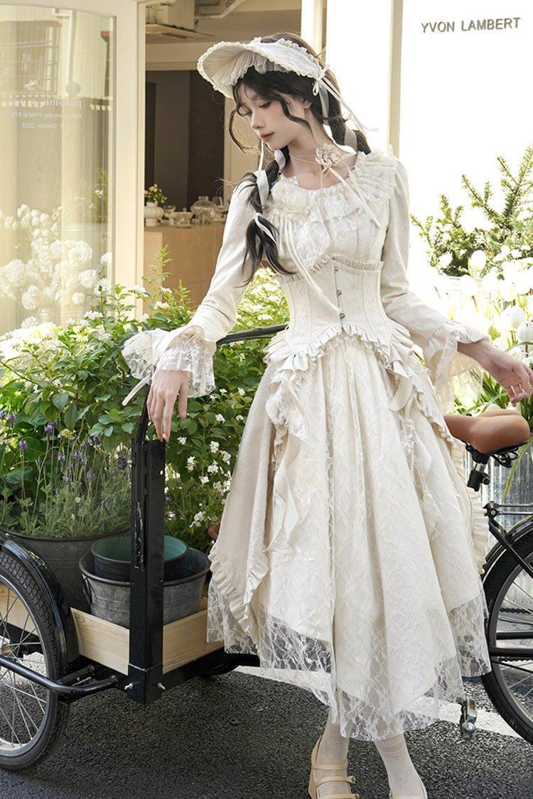 Ivory [White Tea] Long Sleeves Ruffle Bowknot Lace Irregular Classic Princess Lolita Dress