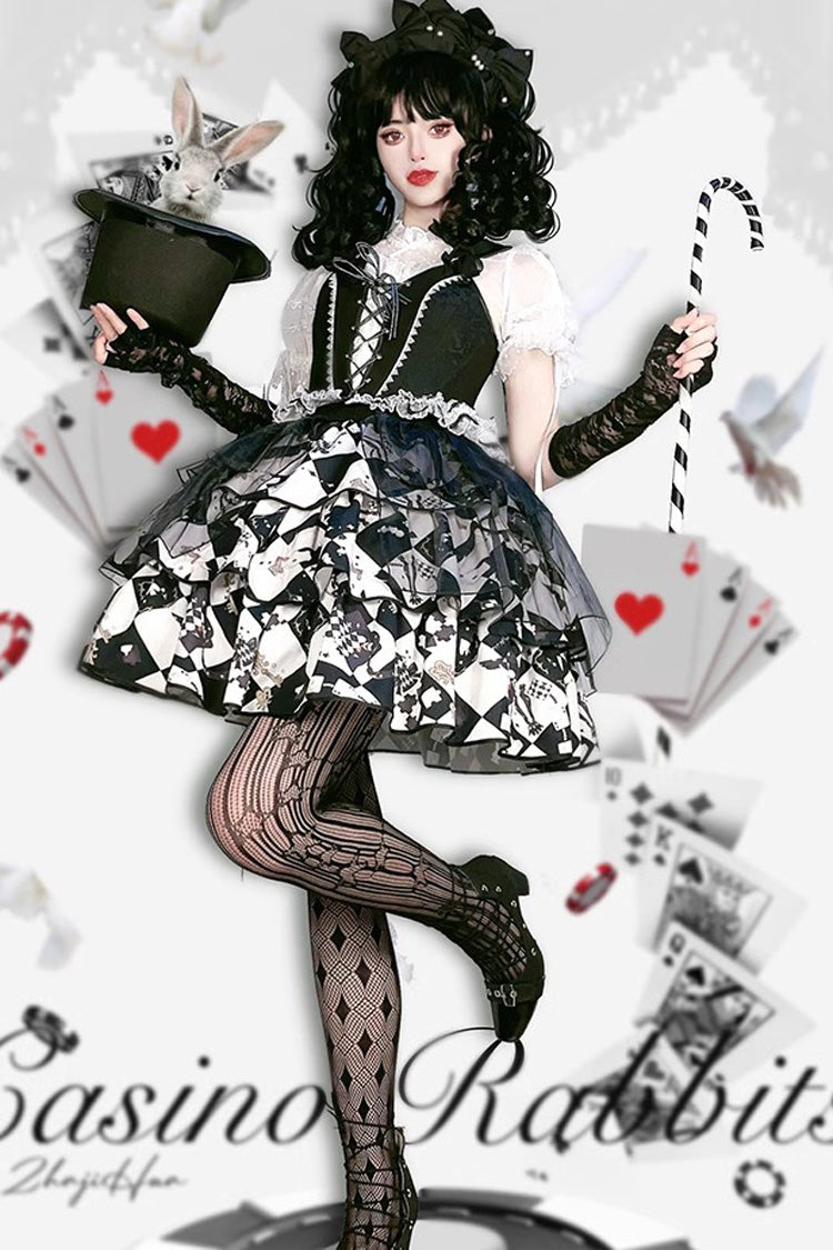 Black/White [Board Games] Triple-Layered Print Ruffle Vintage Lolita Skirt