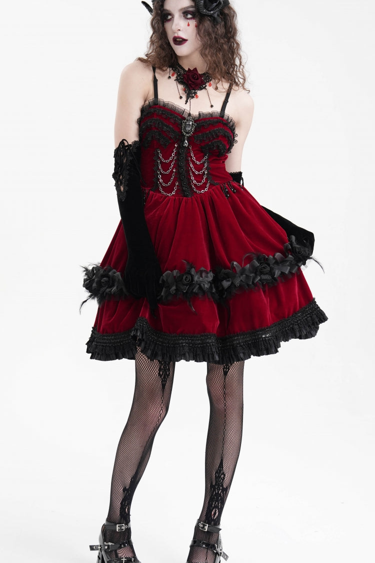 Red Chain Ruffle Lace Women's Gothic Slip Dress