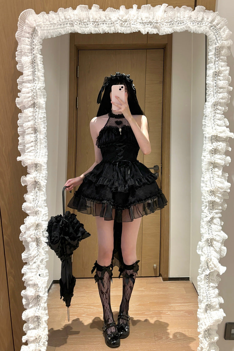 Black Halterneck Triple-Layered Bowknot Lace Gothic Lolita Jsk Dress