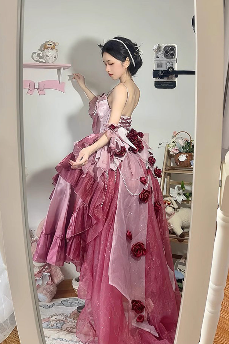 Plum Red [Swan Wonderland] Embroidery Bowknot Lace-Up Short Front Long Back Irregular Sweet Ballet Lolita Jsk Dress