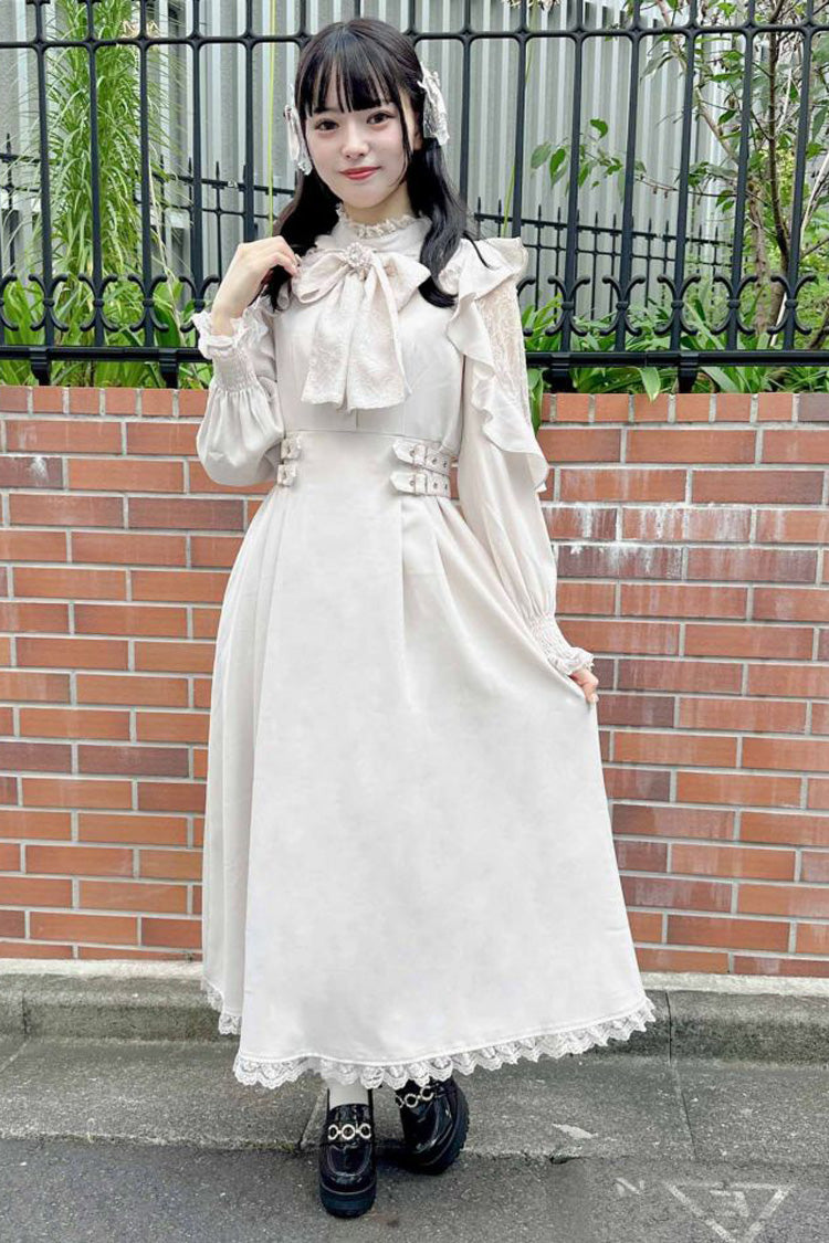 White Stand Collar Off Shoulder Long Sleeves Hollow Bowknot Slim Jirai Kei Japanese Dress