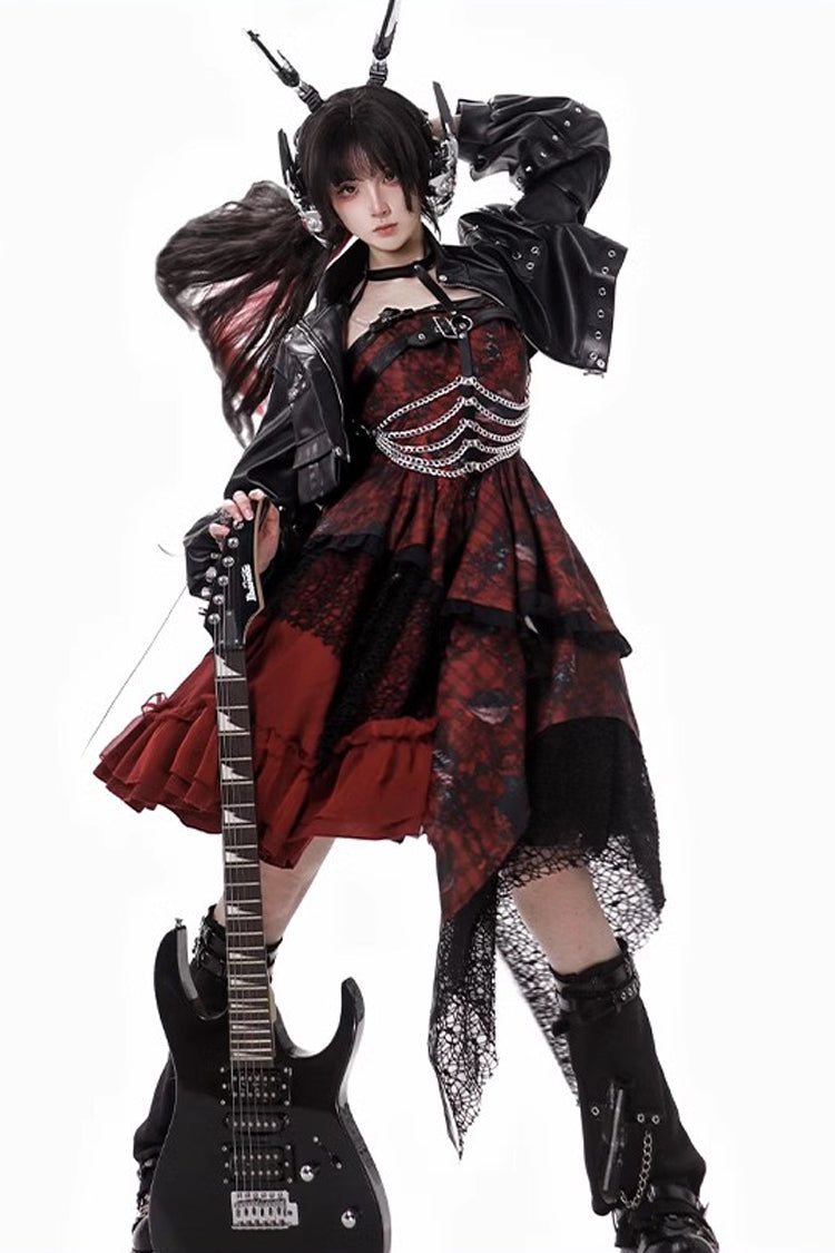 Red [Strawberries of Blood and Tears] Sleeveless Print Ruffle Bowknot Lace Asymmetric Gothic Lolita Jsk Dress