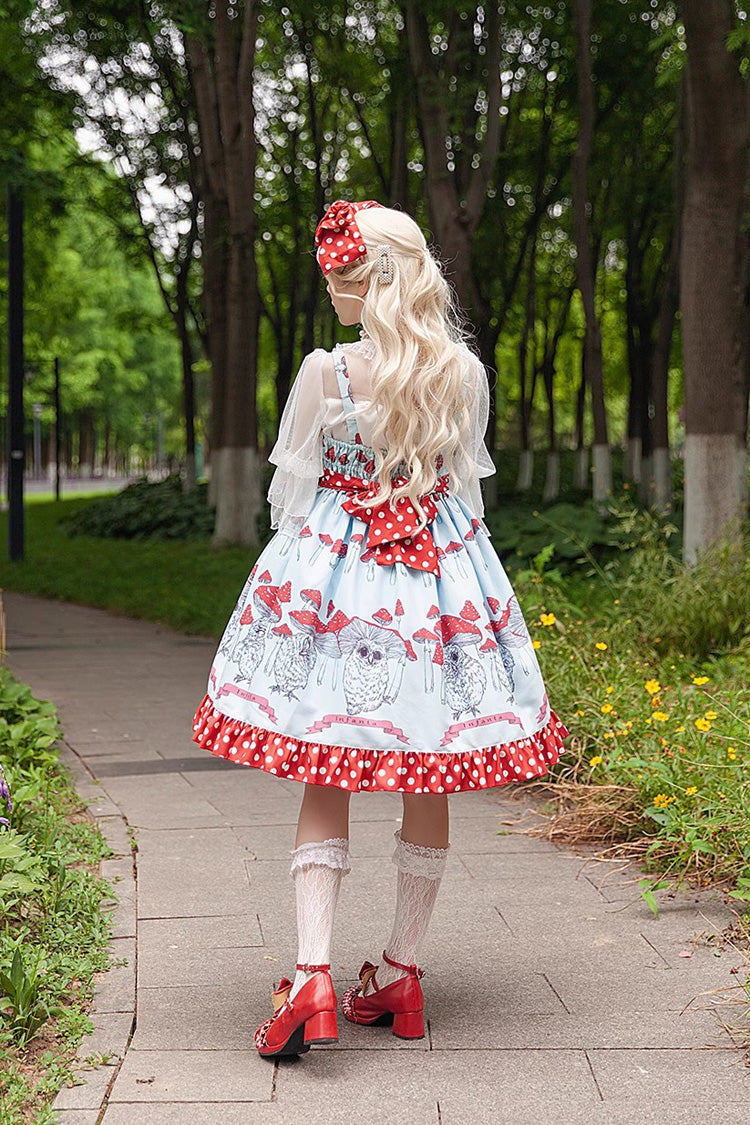 Cat Head Mushroom Print Ruffle Bowknot Sweet Lolita Dress 2 Colors