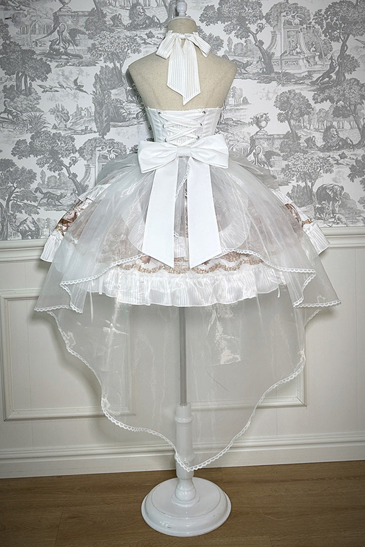 White [The Mystery of The Doll] Halterneck Print Ruffle Bowknot Drawstring Gothic Lolita Dress