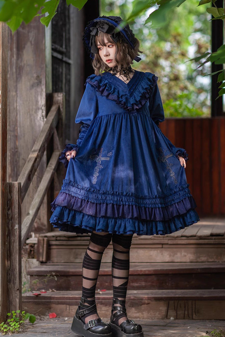 Holy Fruit Manor Embroidery Print Long Puff Sleeves Ruffle Gothic Lolita Dress 2 Colors