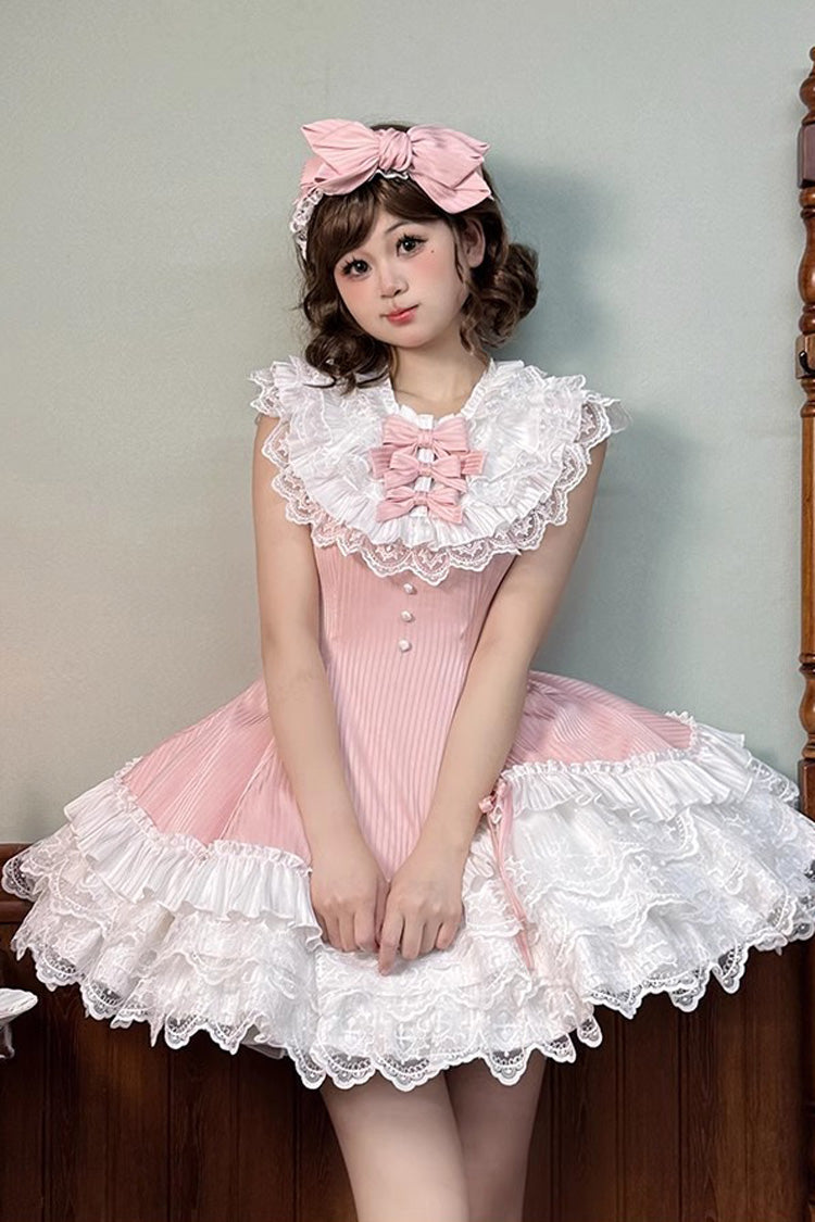 Pink [Miss Tsundere] Sleeveless Multi-Layered Ruffle Bowknot Lace Asymmetric Sweet Princess Lolita Dress