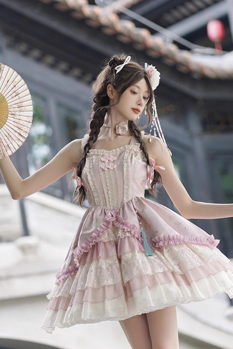 Pink Multi-Layered Ruffle Cardigan Lace Sweet Chinese Style Lolita Jsk Dress