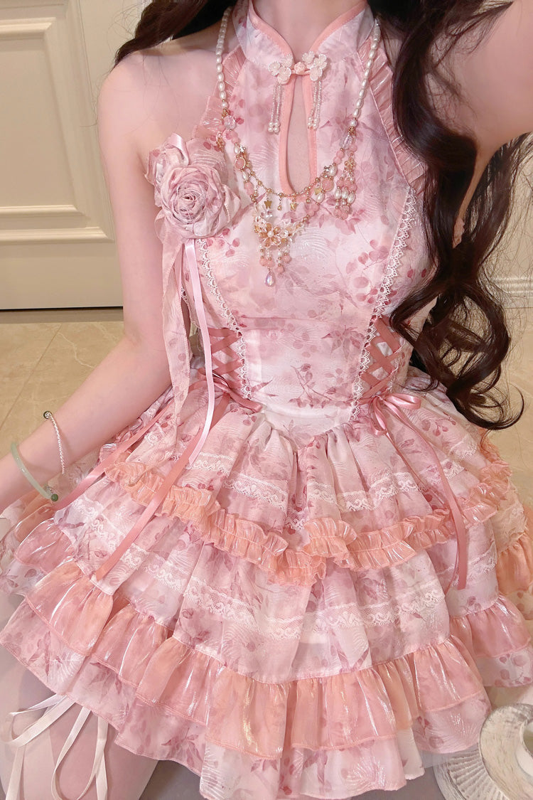 Peach Moon Bamboo Halterneck Multi-layer Print Ruffle Sweet Chinese Style Lolita Dress 2 Colors