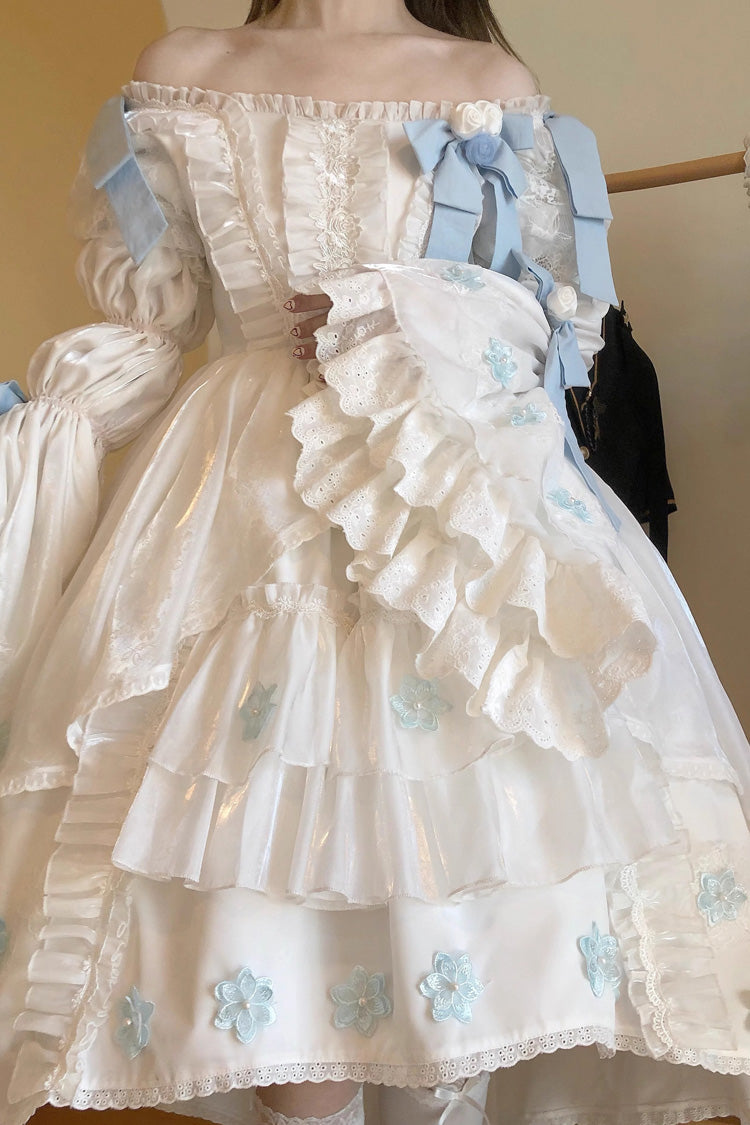 White Boat Neck Multi-layer Ruffle Hanayome Bowknot Sweet Princess Lolita Strapless Dress