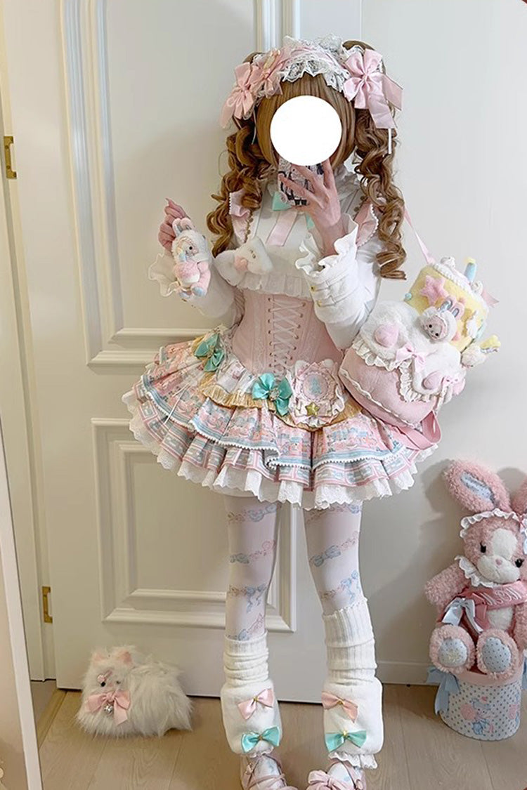 Pink [Candy House] Multi-Layered Print Ruffle Bowknot Lace-Up Sweet Ballet Lolita Jsk Dress