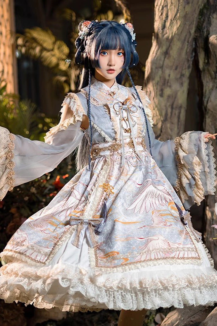 Süßes Lolita-Kleid im chinesischen Stil mit langen Ärmeln, Rüschenspitze und Druck, 3 Farben