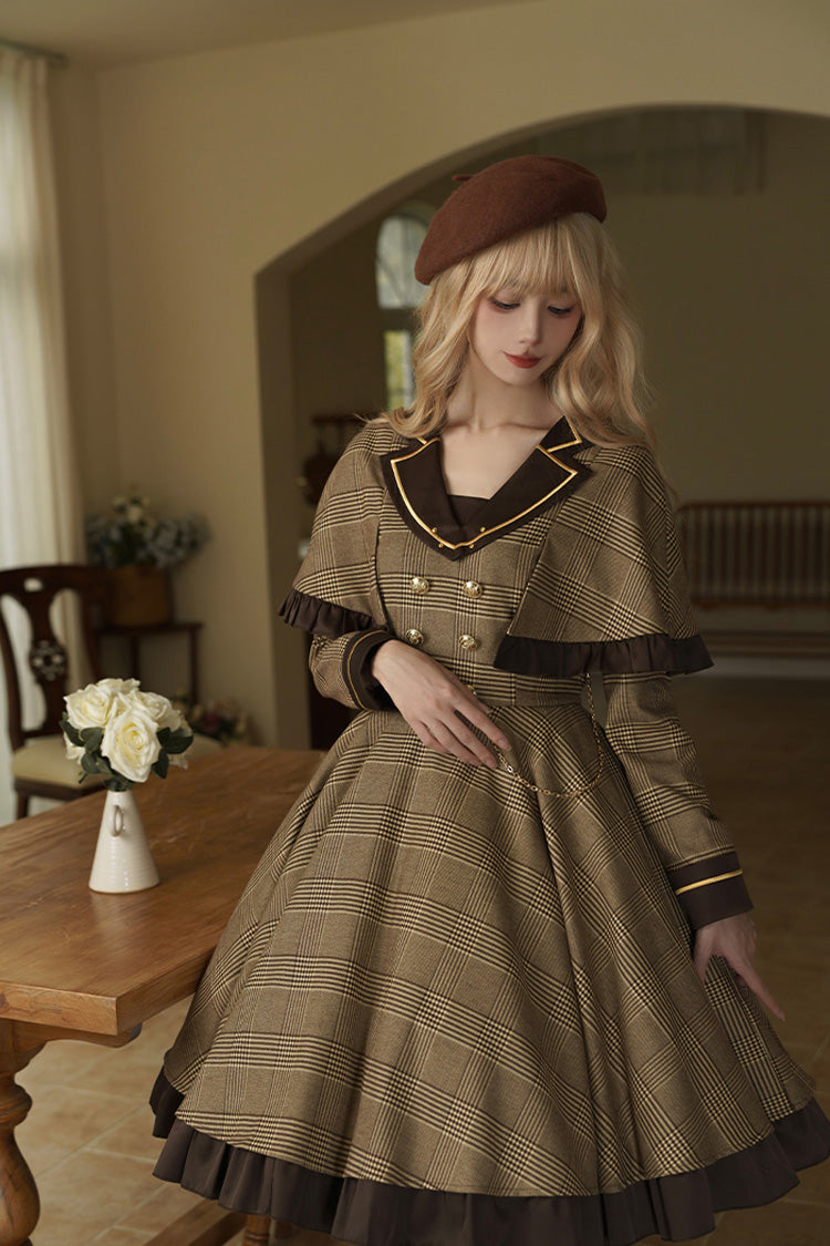 Brown [Baker Street Stories] Stripe Print Ruffle Fake Two Pieces British College Style Classic Lolita Dress