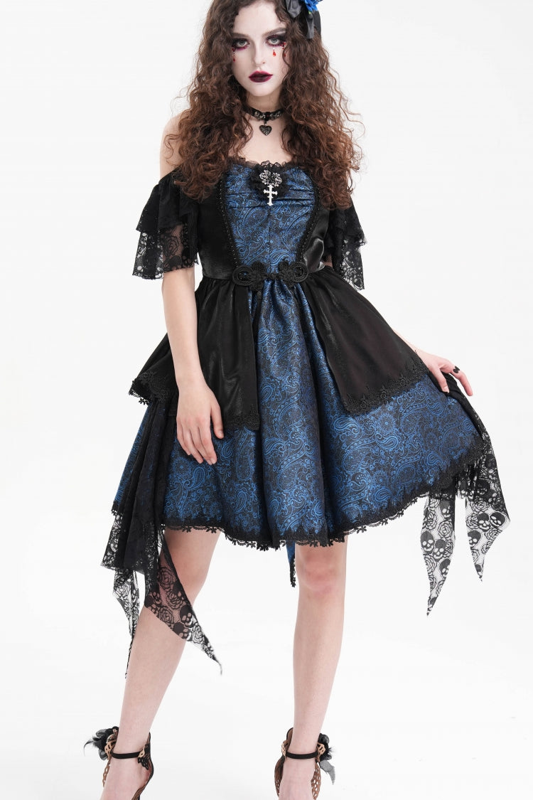 Blue Halterneck Lace Lace-Up Irregular Hem Women's Gothic Dress