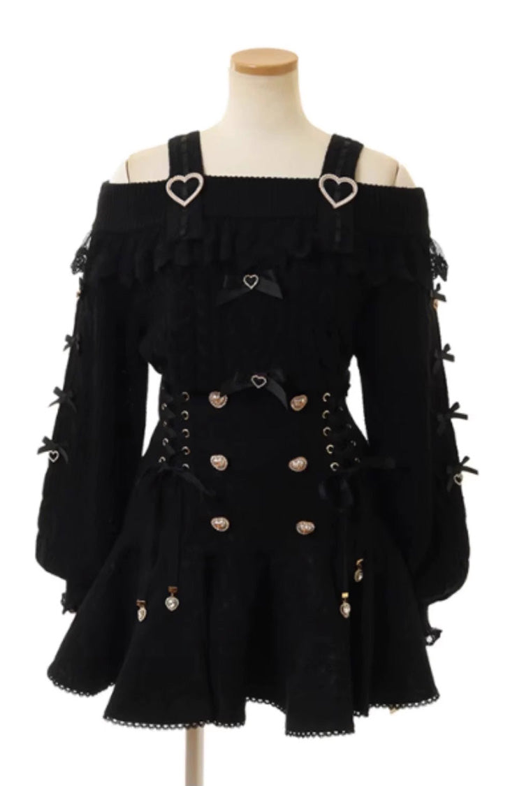 Black Japanese Bowknot Double Breasted  Lace-Up Sweet Jirai Kei Skirt