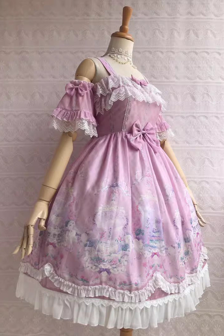 Süßes Lolita-JSK-Kleid mit Rüschen und Schleife im Unicorn's Secret Garden-Print, 7 Farben