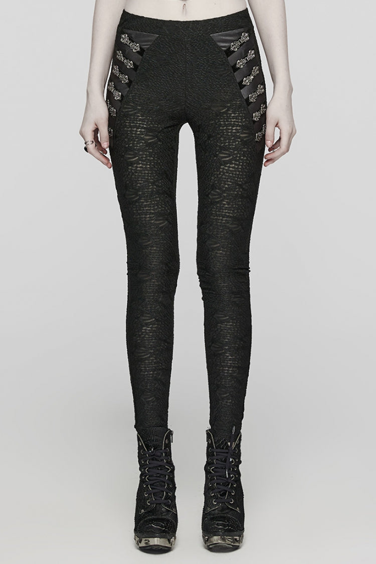 Schwarze, bedruckte, schmale Gothic-Leggings mit Netzstoff und Knopfverzierung für Damen