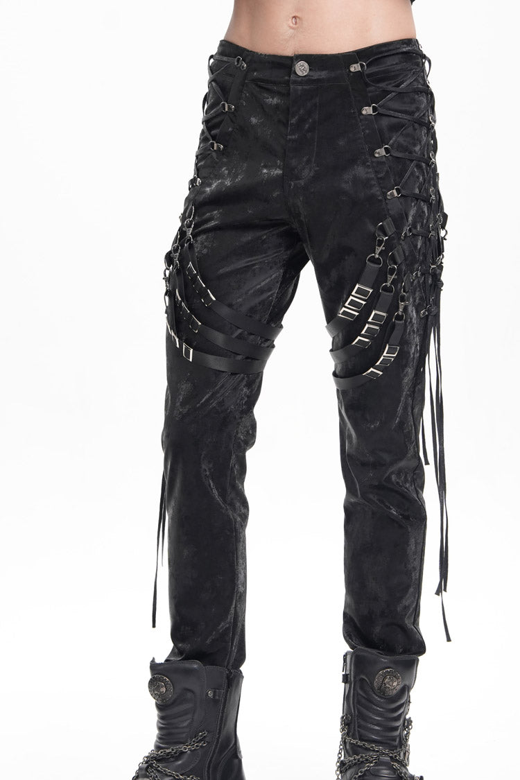 Black Buckle-up Spaghetti Straps Stitching Men's Gothic Pants