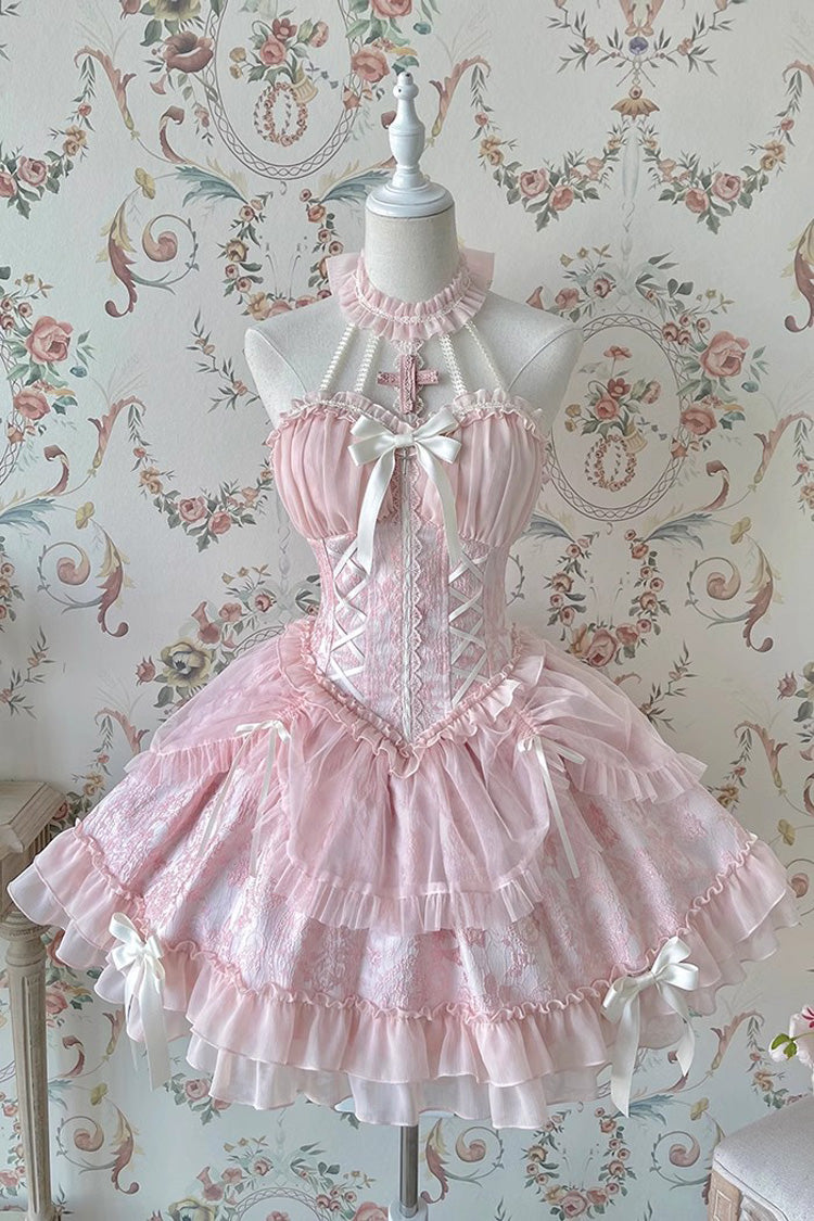 Rosa, ärmelloses Tube-Top mit Blowknot-Rüschen und Stufenkleid aus süßem Lolita-Stoff