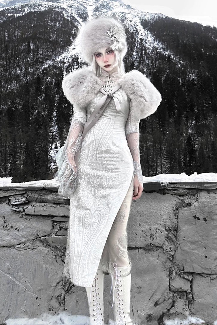 Silver [The Call of the Snow Country] V Collar Long Sleeves High Waisted Ruffle Lace Gothic Lolita Fishtail Dress