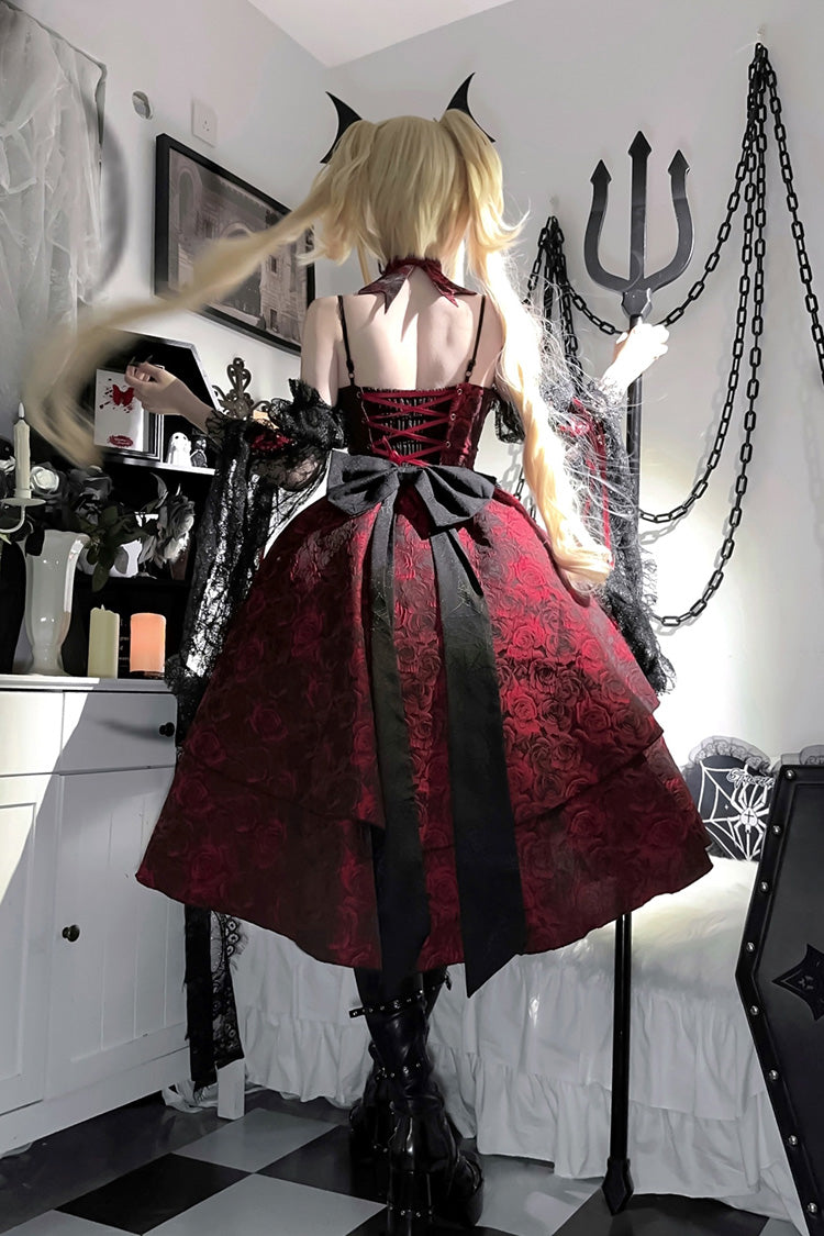 Red [Rose Dish] Ruffle Embroidery Cardigan Bowknot Lace-Up Gothic Lolita Jsk Dress