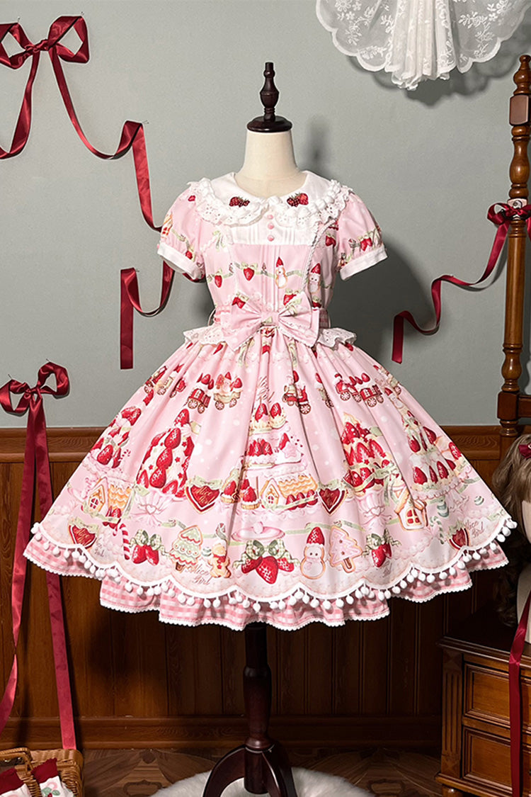 Mint Strawberry Dessert Puppenkragen Kurze Ärmel Druck Rüschen Bowknot Süßes Lolita Kleid 4 Farben