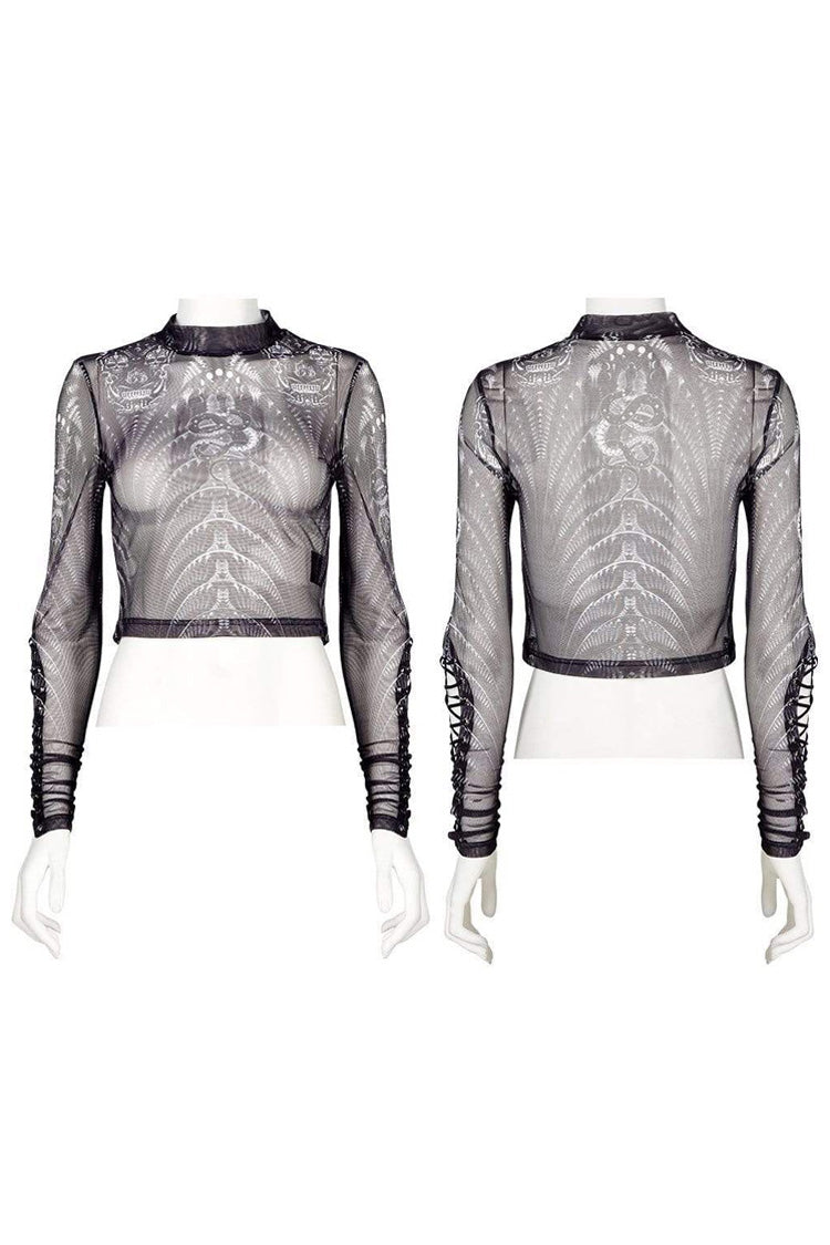 Black/White Gothic Personality Skull Print Pattern Elasticity Mesh Tight Sexy Perspective Tie Cord At Cuff Women's Shirt