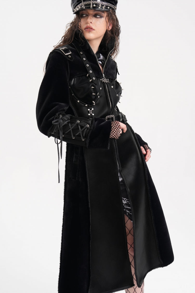 Black Women's Buckle-up Studs Eyelets Gothic Coat