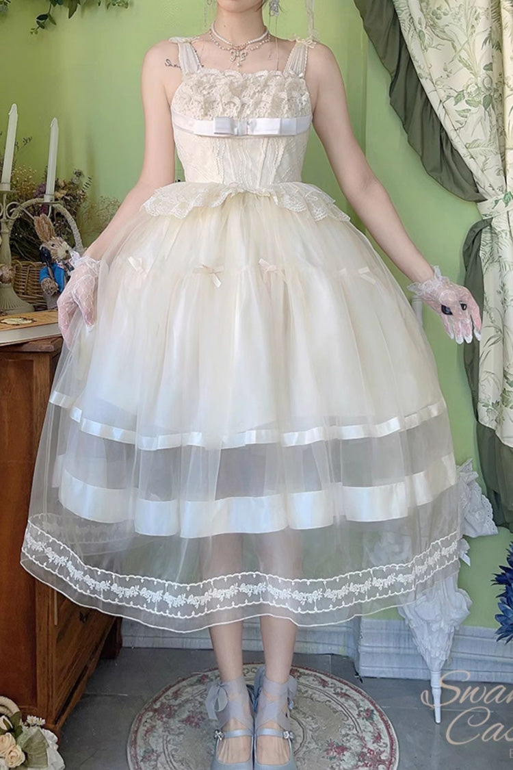 Ivory [Swan Castle] Ruffle Bowknot Lace Sweet Elegant Gorgeous Lolita Jsk Long Dress