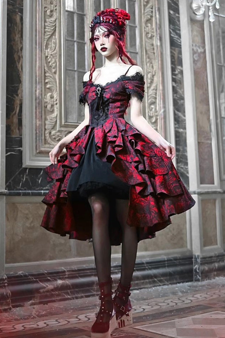 Black/Red Feast in Hades Short Sleeves Print Ruffle Cardigan Gothic Lolita Dress