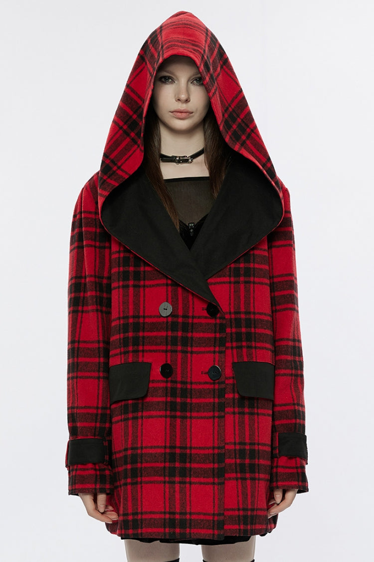 Black/Red Plaid Print Hooded Women's Punk College Style Coat