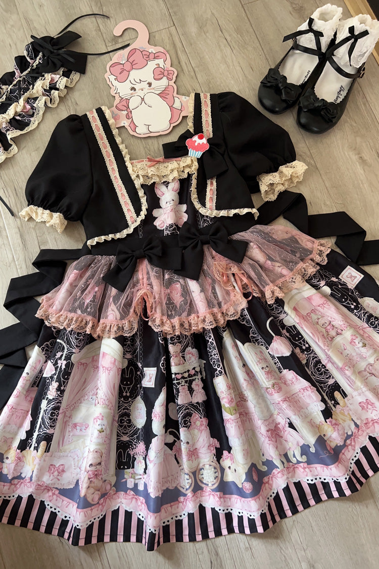 Süßes Lolita-Kleid mit Kaninchen-Bär-Druck, Rüschen und Schleife, 3 Farben