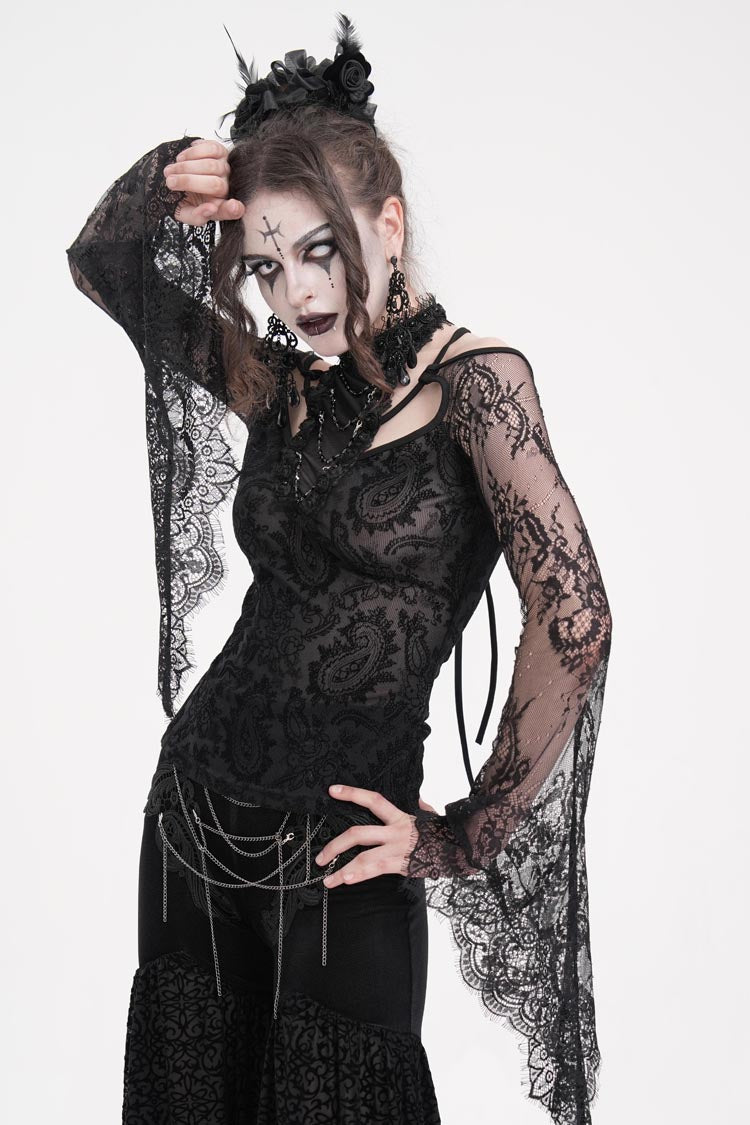 Black Long Sleeves Hollow Lace Mesh Ripped Women's Gothic Blouse