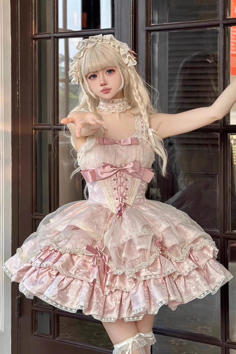 Pink Sleeveless Multi-layer Ruffle Bowknot Lace-Up Sweet Princess Lolita Jsk Dress