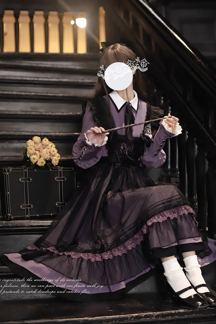 Black [Witch Academy] Double-Layered Ruffle Embroidery Bowknot Mesh Sweet Elegant Lolita Jumper Dress