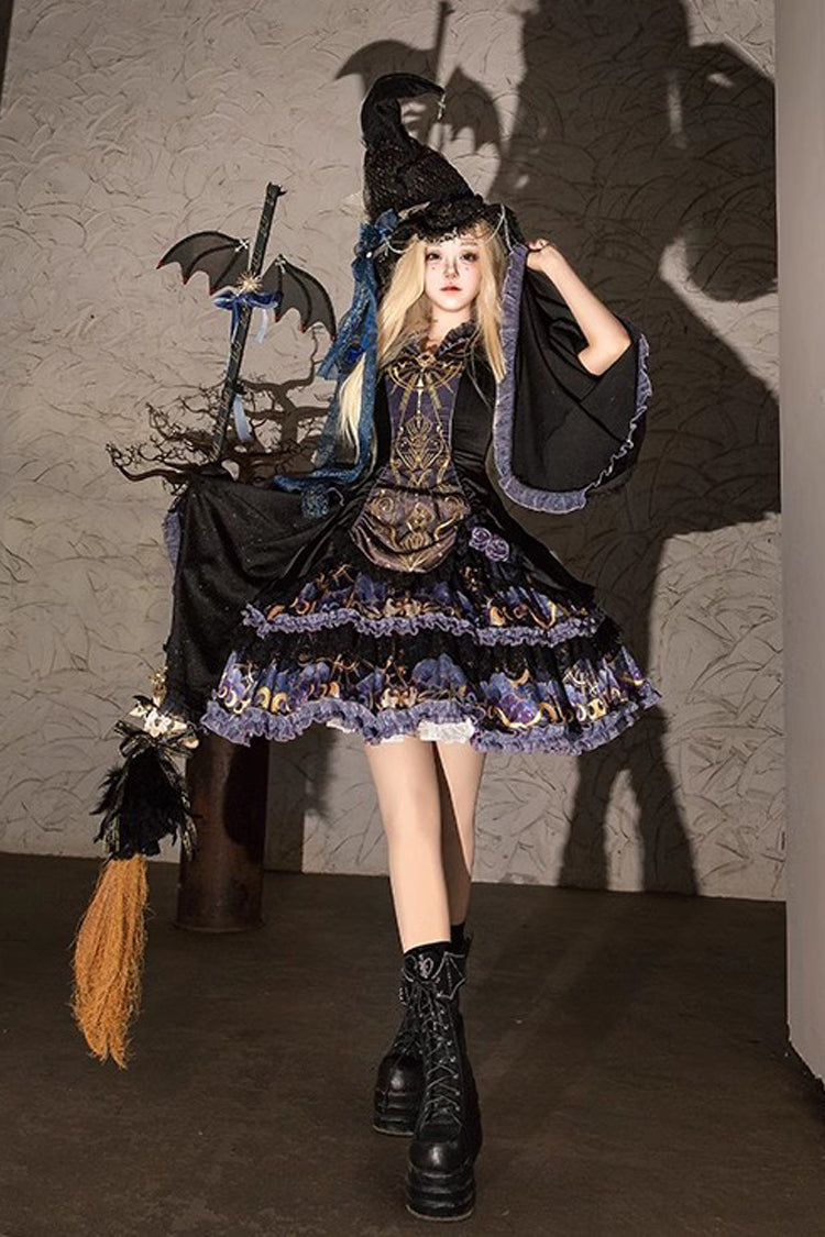 Black [Astrology Cat] Long Sleeves Double-Layered Print Ruffle Lace Gothic Lolita Dress