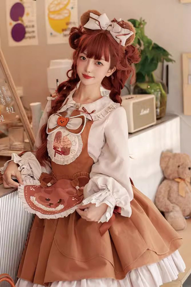 Brown Cookie Bear Multi-layer Print Ruffle Bowknot Sweet Lolita Dress