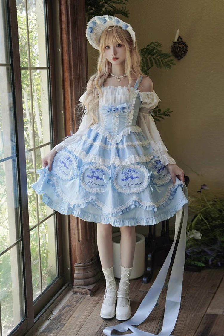 Blau [Butterfly Dream] Mehrlagiges Rüschen-Schleifen-Prinzessinnen-Lolita-Jsk-Kleid