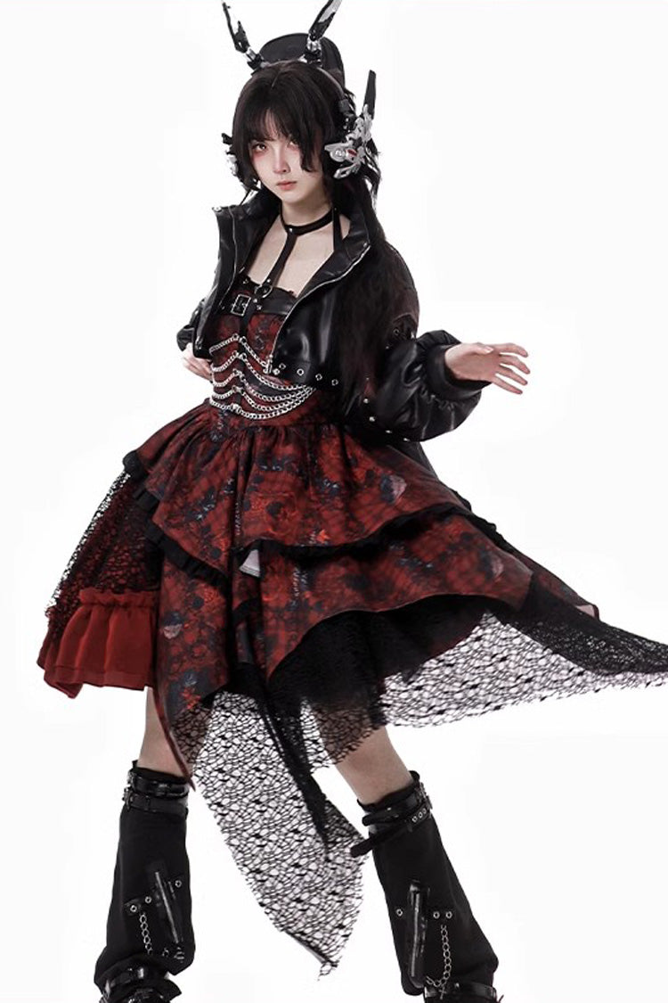 Red [Strawberries of Blood and Tears] Sleeveless Print Ruffle Bowknot Lace Asymmetric Gothic Lolita Jsk Dress