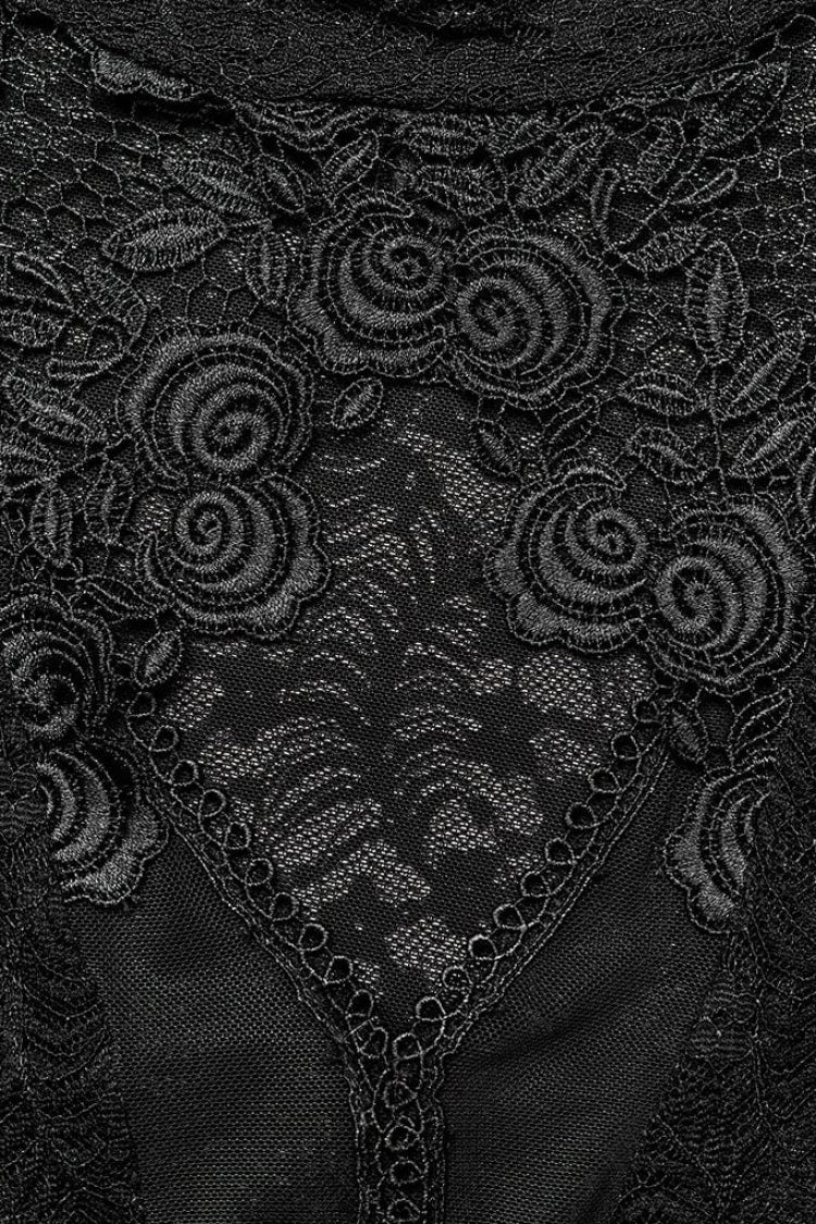 Black Rose Stand Collar Long Sleeves Print Lace Lace-Up Sheer Womens Gothic Blouse