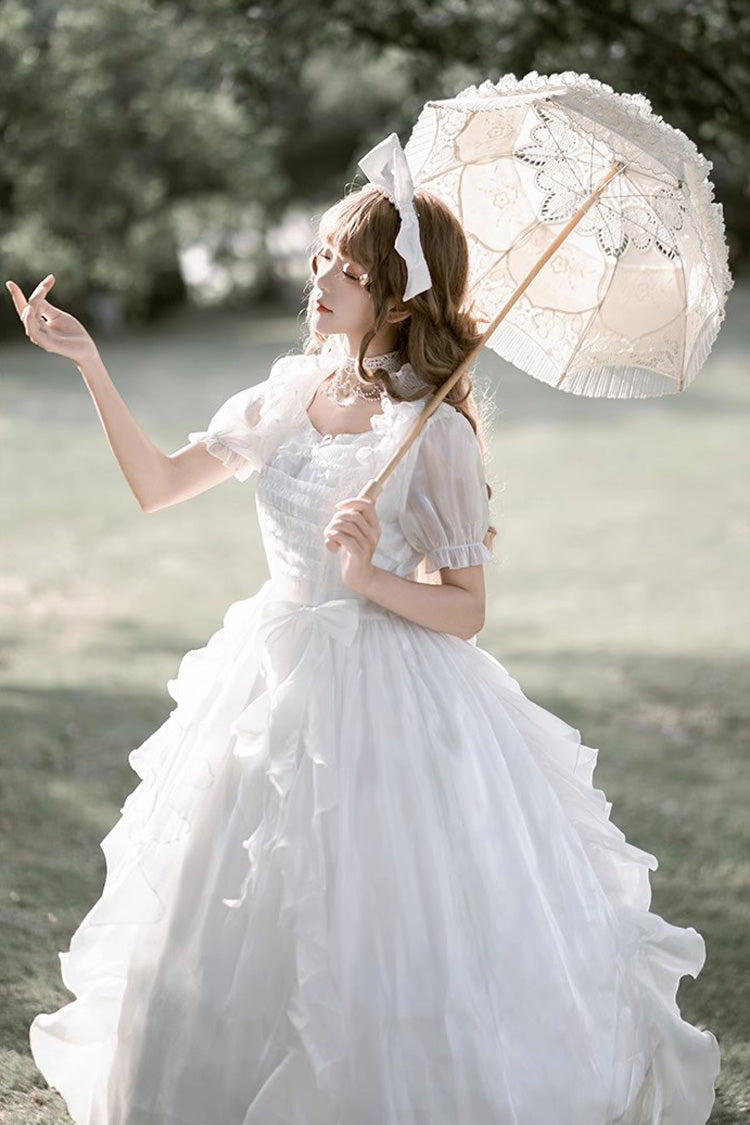 Weißes Lolita-Kleid mit Ode an schwebende Lichter, Fantasie-Fee, kurzen Ärmeln, Rüschen, süßem, elegantem Kleid