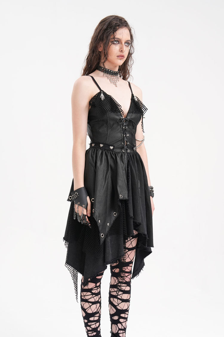 Black Sleeveless Lace Irregular Mesh Women's Gothic Slip Dress