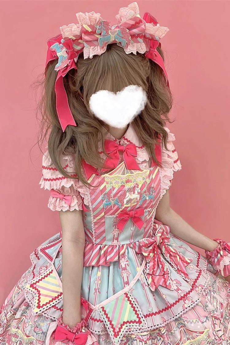 Blau/Rosa Sweet Lolita JSK Kleid mit Rüschen und Schleife im Candy Park-Print