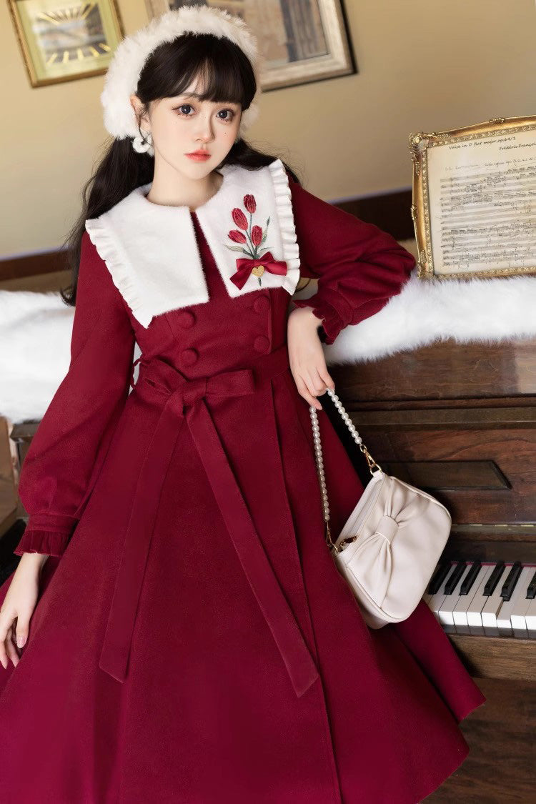 Tulip Long Puff Sleeves Embroidery Slim Sweet Lolita Coat 2 Colors