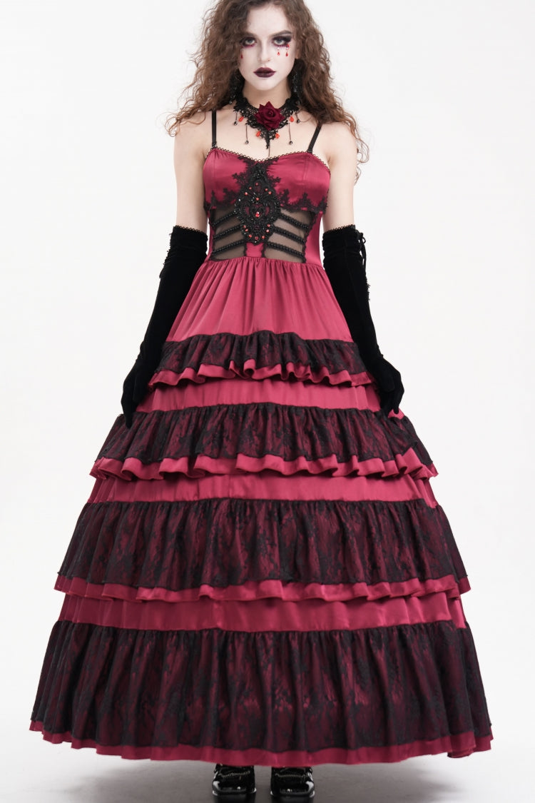 Red Multi-Layered Ruffle Lace-Up Mesh Women's Gothic Dress