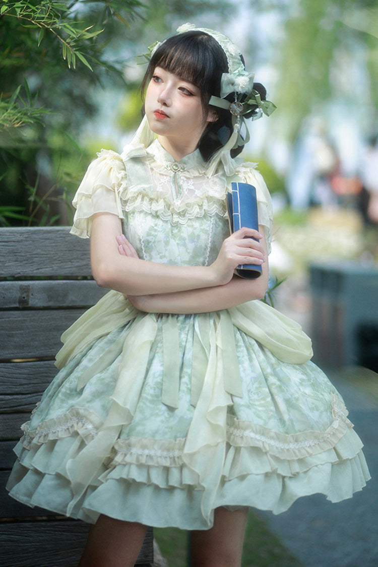 Green Pepper Chiffon Double-Layered Ruffle Bowknot Lace Sweet Chinese Style Lolita Dress