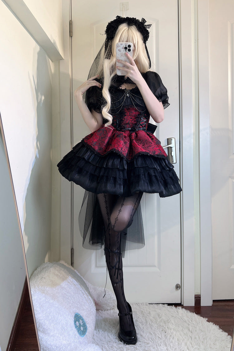 Schwarz/Rot Antiker Traum der dunklen Nacht Print Rüschen Gothic Lolita Jsk Kleid